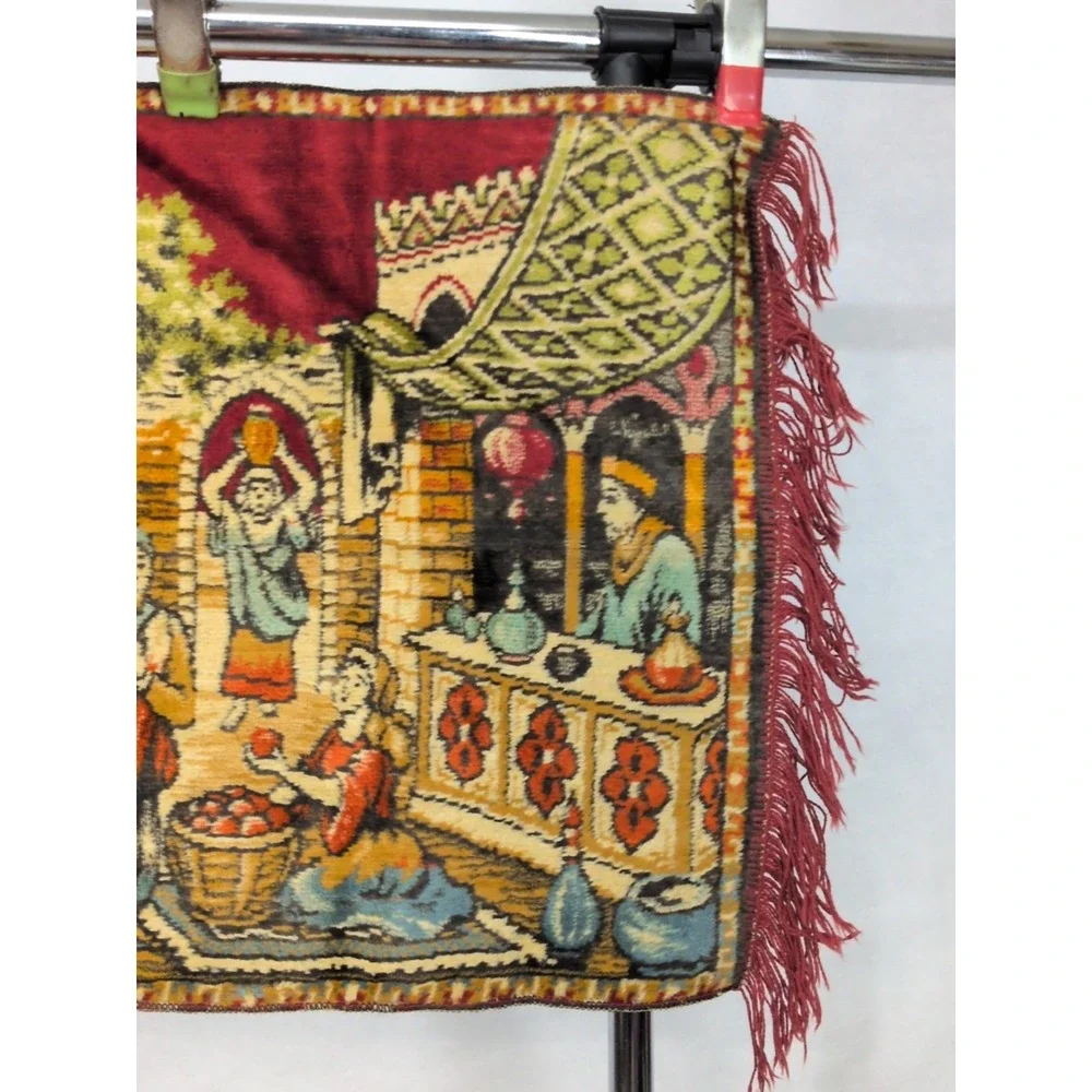 Vintage Italian Velvet Tapestry 41x19 Made In Italy Street Market Scene Camel